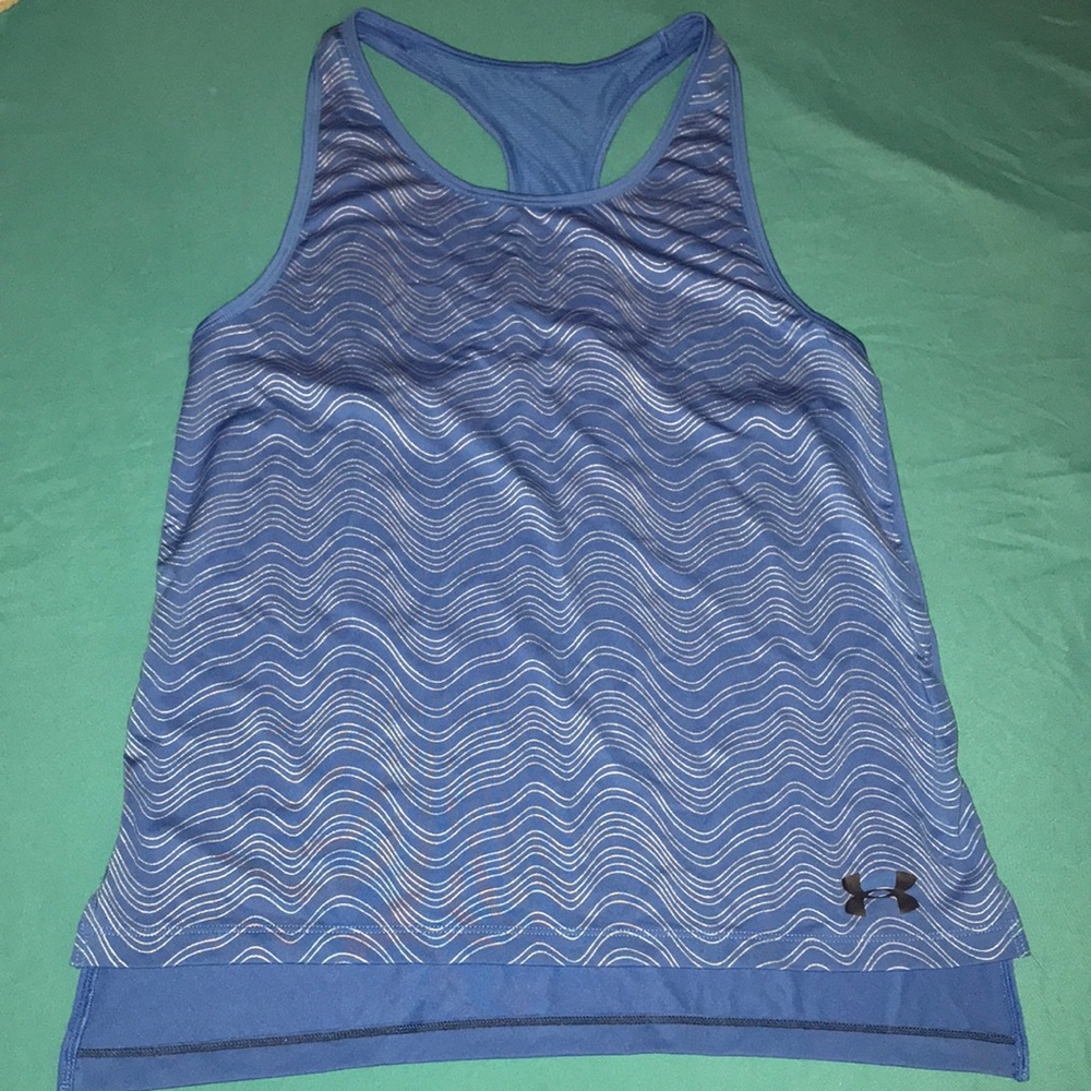 Blue Under Armour cross back tank w/metallic print